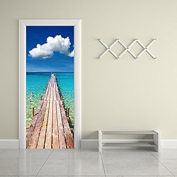 ChezMax 3D Door Mural Art Sticker Removable Self Adhesive Wall Decal for Home Decoration Beach Pier Pattern 30.3