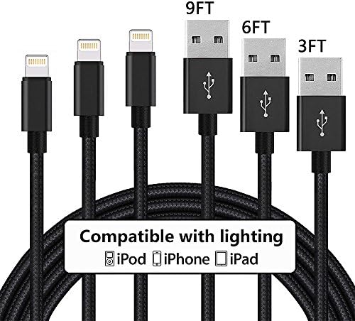 Lightning Cable 3Pack 10FT Nylon Braided Certified iPhone Cable USB Cord Charging Charger for Apple iPhone X, 8, 7, 7 Plus, 6, 6s, 6+, 5, 5c, 5s, SE, iPad, iPod Nano, iPod Touch (Black)