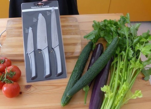 New sharp durable stainless steel silver and black color Kitchen knife set of 3 by Yanicho's Cucina includes 5 inch utility 8 inch curving 7 inch Santoku chef knife