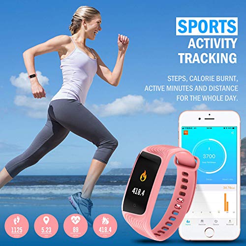 BuTure Fitness Tracker, Pedometer for Walking, Heart Rate Monitor, Fitness Tracker Watch IP67, Sleep Monitor for Exercising and All Day Wear Compatible with iPhone & Android (Pink)