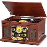 FEKTIK Bluetooth Record Player 10 in 1, 3-Speed Turntable for Vinyl with Speakers, LP to MP3 Converter, CD, Cassette Player, FM Radio, Wireless Streaming | Mahogany