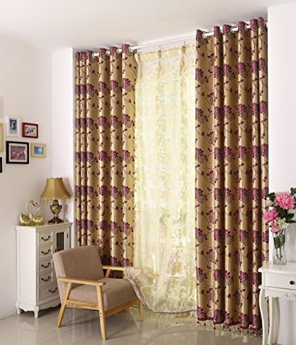 Airdodo Gold w/ Burgundy Floral Decorative Style 60-inch By 95-inch (Jacquard Technology) Solid Grommet top Curtain (One Panel)