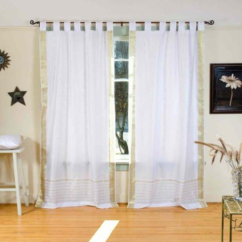 Lined-White with Gold Tab Top Sheer Sari Cafe Curtain / Drape -43W x 36L-Piece