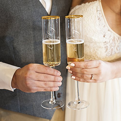 Cathy's Concepts Hubby & Wifey 8 oz. Gold Rim Contemporary Champagne Flutes (set of 2), clear gold - Thumbnail 2
