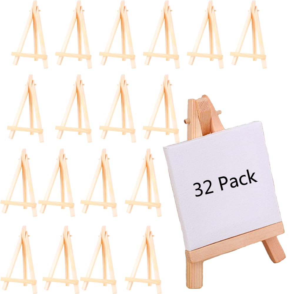 Aisamco 32Pcs Mini Wooden Easel,8x15cm Natural Mini Wood Display Stand Artist Easel Tabletop Holder Stand for Displaying Small Canvases,Kids Arts,Photos,DIY Crafts,Signs