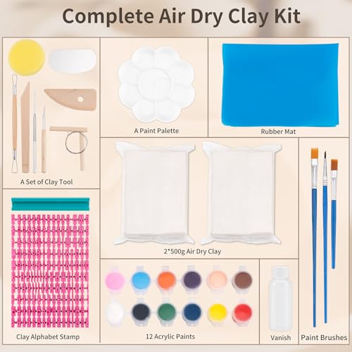 JelyArt Adult Pottery Self-Hardening Clay Ceramic Kit for Beginners with Acrylic Paints, Stamps and Tools Clay Pottery No Bake for Beginners