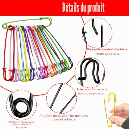 Zasjon Large Safety Pin, 20 Pieces 75 mm Metal Safety Pin, Multicoloured Large Safety Pin for Sewing, DIY, Brooch, Kilts, Crafts, Random Colour
