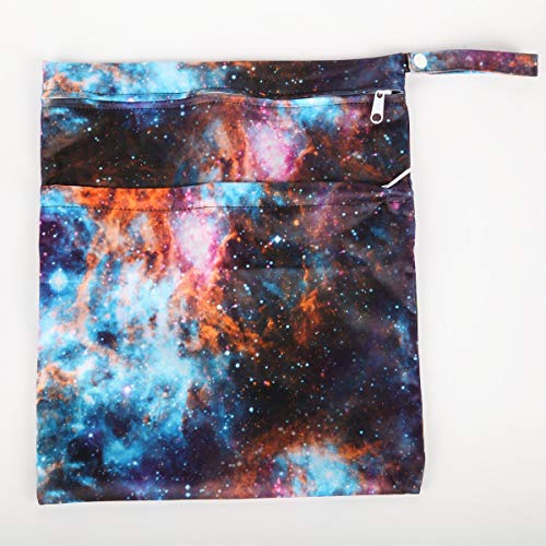 Sigzagor 2 Wet Bags Reusable Diaper Nappy Waterproof with Two Zippered Pockets (Stars and Galaxy)