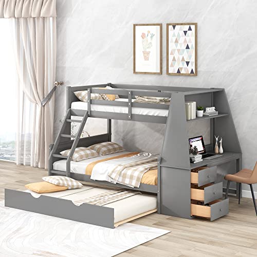 BIADNBZ Twin Over Full Bunk Bed with Trundle and Ladder,Solid Wood ...