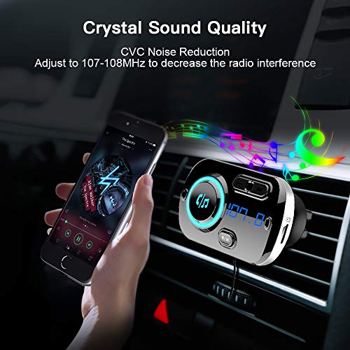 Trasmettitore FM Bluetooth 5.0, Vivavoce Car Kit con QC 3.0 Caricatore per Auto, supporto Uscita TF card AUX, Suono Cristallino, Luce Colore, Cavo 1.1M, 2 Modi di Installazione