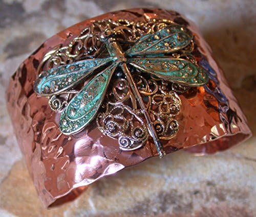 Elaine Coyne Wearable Art Forged Copper and Patina Brass Neo-Victorian Dragonfly on Filigree Cuff Bracelet