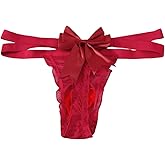 ChiaoLezhee Mens Satin Bow Thong Lingerie, Criss Cross Sheer Silky Pouch, Low Rise Sissy Femboy Panties, Sexy Mesh Underwear