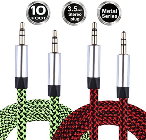 HelloEdge 10ft Stereo Audio AUX Cable Male to Male 3.5mm Nylon Braided Auxiliary Cable with Gold Plated Connectors for Apple, Android Smartphone, Tablet and MP3 Players (2 Pack) (Green+Red)