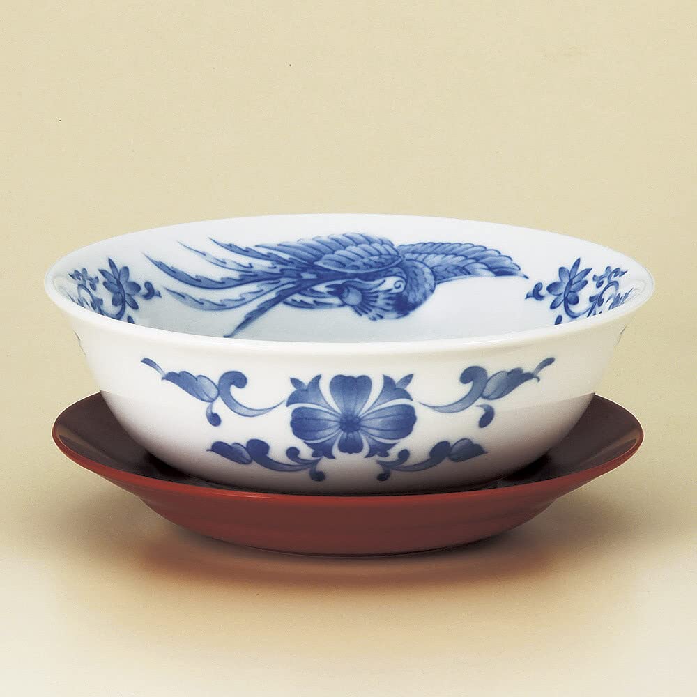 Large Ramen & Soup Bowl, Japanese Donburi in Mino-yaki Ceramic, with Plastic Saucer, 20x8cm, Traditional Patterns Phoenix Bird Flowers, Blue, Made in Japan 9873148