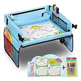 Kids Travel Tray, Toddler Seat Activity Tray, Child Snack & Play Tray Organizer, Waterproof & Foldable, No-Drop Tablet iPad Holder Stand & Art Supplies Storage Pockets