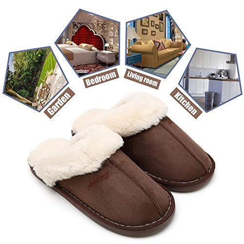 SOSUSHOE Women Slippers Fluffy Fur Slip On House Slippers Soft and Warm House Shoes for Indoor Outdoor, Deep Brown, 9.5-10.5