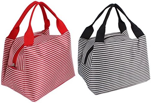 Striped Lunch Bag,Goodidus 2PCS Oxford Cloth Lovely Lunch Bag Bento Lunch Box Package(Black&amp;Red)