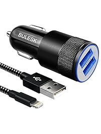 BULESK Car Charger, 24W 4.8A Rapid Dual Port USB Car Adapter with 3FT iPhone Lightning Cable Charging Cord for Apple iPhone 7 Plus 6S 6 SE 5S 5, iPad, iPod - Black