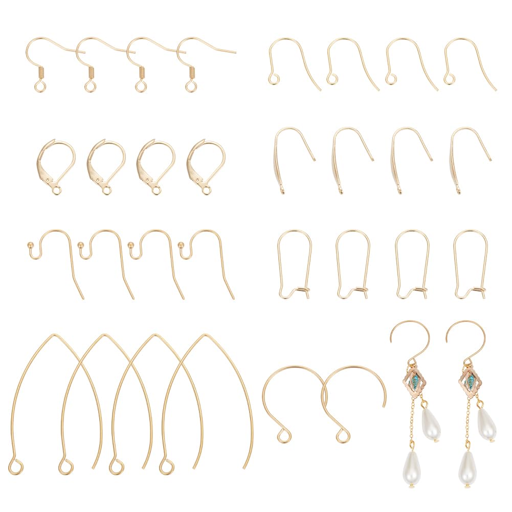 UNICRAFTALE 8 Styles Stainless Steel Earring Making Settings(0.7-1mm Pin), 48pcs(24 pairs) Earring Hooks, Golden Metal Ear Wires for Jewelry Earring Parts DIY Making,about 1.2-2mm Hole — image 1