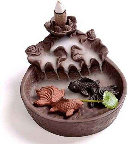 SYNPIE Incense Cone Burner-Purple Clay Two Fish Backflow Incense Burner Incense Cone Holder &amp; 10 Incense Cones 1 Leaf for Home Fragrance Home Decor Mediation Tea Ceramony