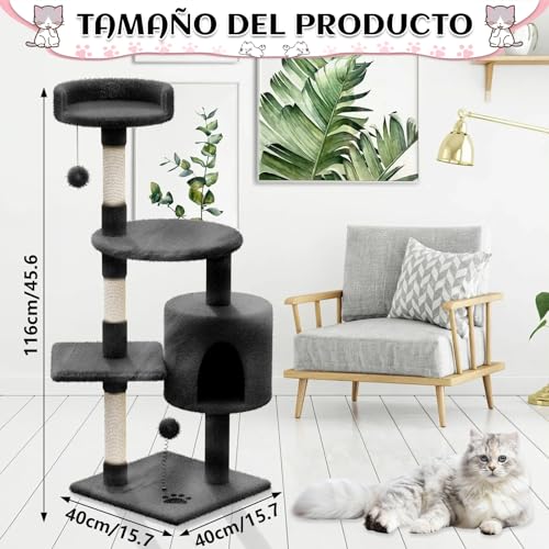KongJies Torre para Gatos, 4 Niveles Torre Árbol Rascador con Poste Rascador, Torre Pequeño de Gatos con Plataforma Acolchada y Pompón, para Gatos Pequeños Medios (Gris Oscuro)