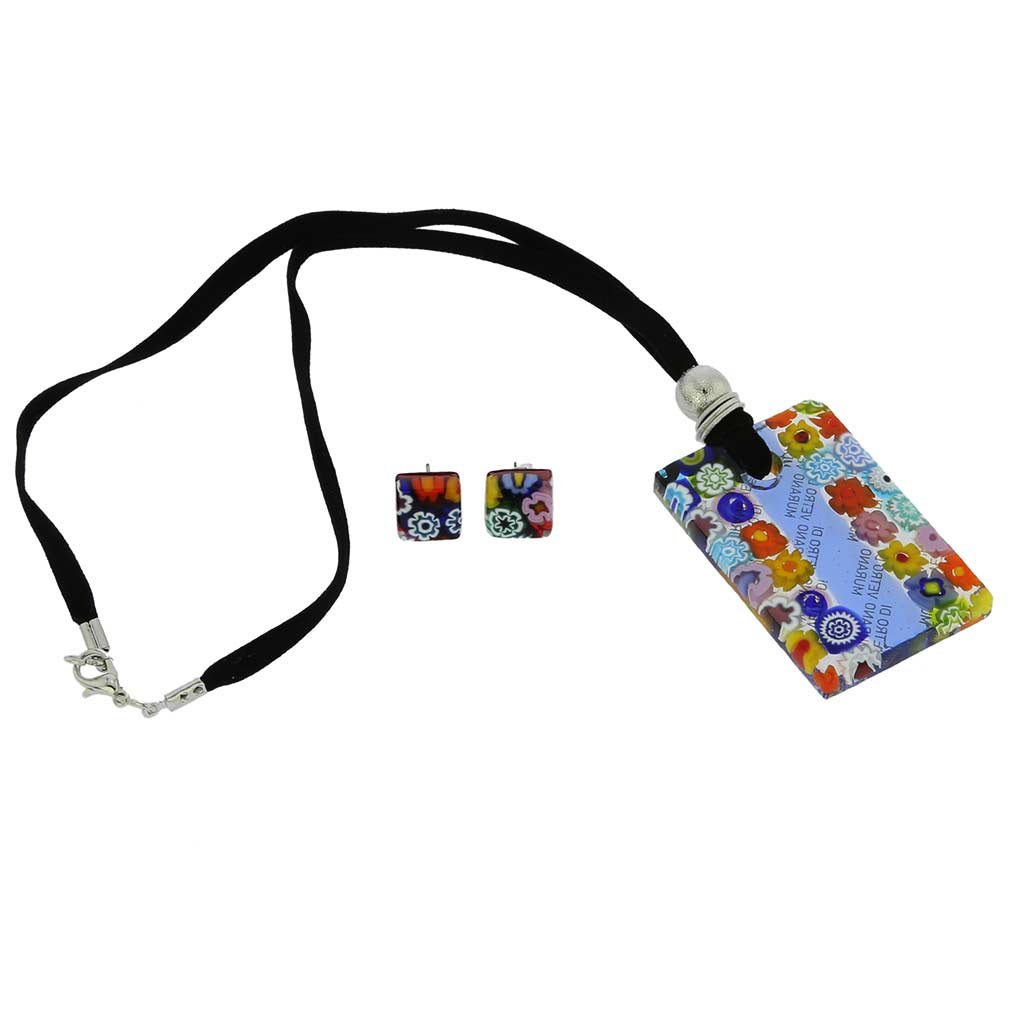 Glass Of Venice Murano Glass Millefiori Necklace and Earrings Set - Blue Stripe