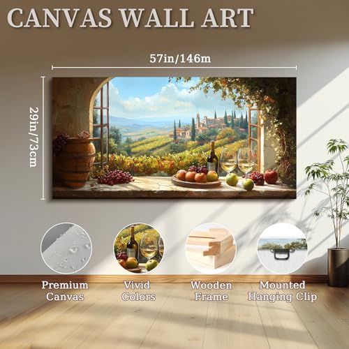 MHARTK66 Wine-growing landscape painting, 73 x 146 cm, XXL decorative canvases with window, fruit and wine glasses, Tuscan and rustic decoration for living room, dining room, bedroom, hallway, bathroom, office