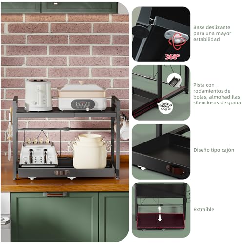 NETEL Extendable 2 Tier Microwave Stand, Adjustable Countertop Microwave Shelf, Kitchen Countertop, Microwave Organizer with Cup Holder and Storage Drawer, Black