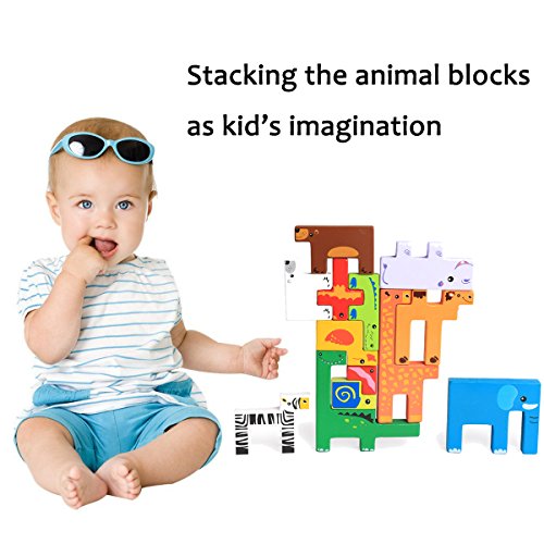 Wondertoys 13 Pieces Wooden Animal Blocks with Book Guide Stacking Game Educational Toys for Children Baby
