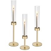 Gold Hurricane Glass Candle Holders: Cadhodenm Tall Glass Candlestick Holder for Wedding Set of 3 Brass Taper Candle Holders Modern Candle Sticks Holder for Table Centerpiece Party Christmas Home