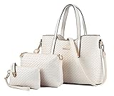 Tibes Fashion PU Leather Women Handbag+Shoulder Bag+Purse 3pcs Bag Weave Tote Beige
