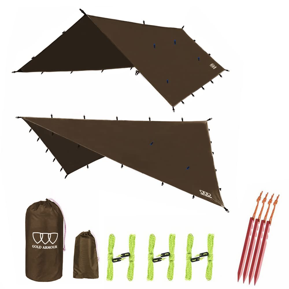 Photo 1 of Gold Armour Rainfly Tarp Hammock, Premium 14.7ft/12ft/10ft/8ft Rain Fly Cover, Waterproof Ultralight Camping Shelter Canopy, Survival Equipment Gear Camping Tent Accessories (Brown 14.7ft x 12ft)