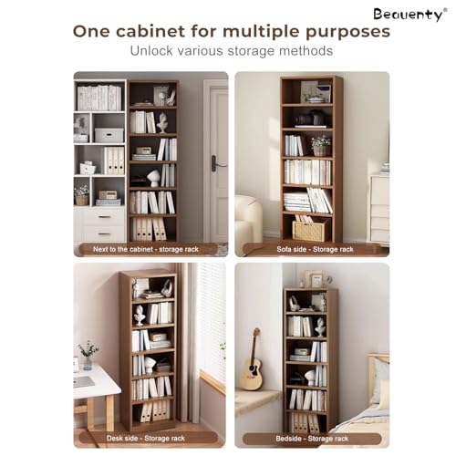 Beauenty Simple Bookshelf, 6-Tier Display Bookcase with Back Panel, Open Book Storage Shelf for Living Room, Bedroom, Home Office, Wooden Storage Shelf Unit (Walnut-40 * 24 * 180cm)