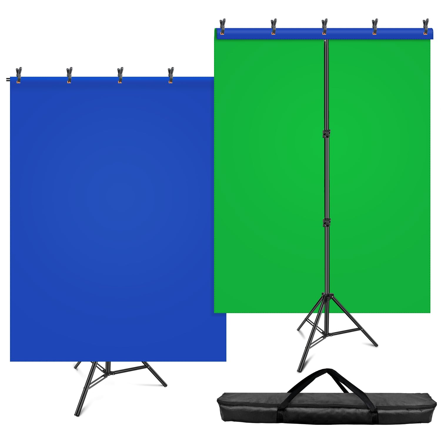 HEMMOTOP Blue Green Screen Backdrop Kit, 2-in-1 7x5 ft Green Screen Stand for Streaming, 6.5x5 ft 2-Sided Reversible Blue Photo Background with Backdrop Stand for Photography, Zoom with Case & Clips