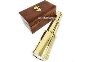 ARTIZANSTORE Brass Handheld Telescope, Functional Vintage Replica Telescope, Pirate Navigation with Anchor Wooden Box (Fully Brass), Handcrafted Portable Collapsible Marine Spyglass Collectible Décor, 6”