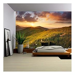 Mountain Field During Sunset. Beautiful Natural Landscape - Removable Wall Mural | Self-Adhesive Large Wallpaper - 66x96 inches