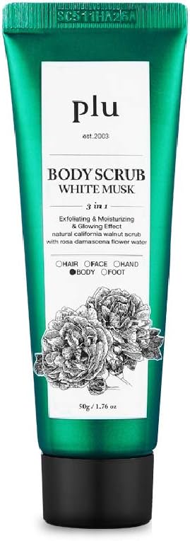 plu Walnut Body Scrub, 3-in-1 Total Care Solution, Exfoliate Moisturize and Glow, 2019 USA Version [White Musk/50g]