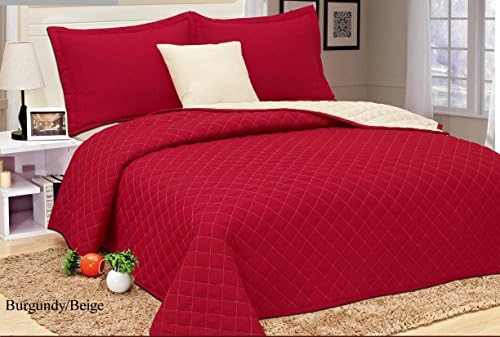 Awad Home Fashion 4 Piece Reversible Burgundy & Beige Quilt Bedspread Coverlet Diamond Microfiber Set (King)