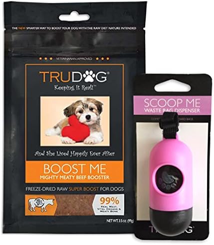 All Natural Dog Food Enhancer - Boost Me: Mighty Meaty Beef Booster Freeze-Dried Raw Superfood - Easy to Mix, Enhances the Nutritional Value of Current Dry/Wet Dog Food (3.5 oz with Waste Bags)