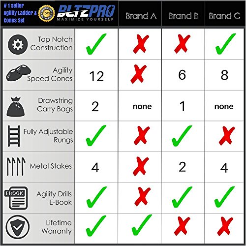 Bltzpro AGILITY LADDER with SOCCER CONES-A Fitness Training Gear used by Athelets & Coaches for teams sports.16ft | Adjustble Rungs| 12 Cones| 2 Carry Bags| 4 pegs |footwork drills ebook