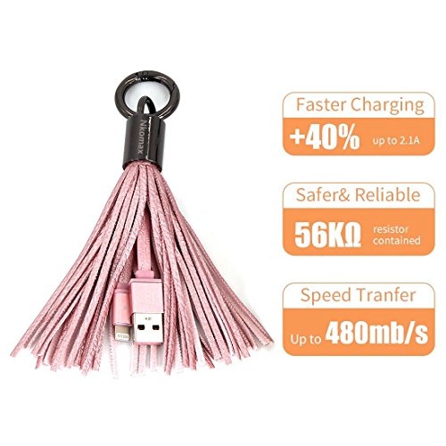 Lightning to USB Leather Tassel with 7-Inch 2.4 Amp Lightning ChargeSync Cable for iPhone, iPad, Nkomax Keychain Ring USB Cable (Pink)