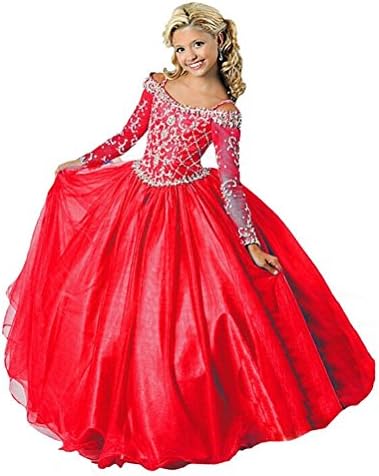 Dexin Big Girls' Long Sleeves Ball Gowns Crystals Pageant Dresses 16 US Red