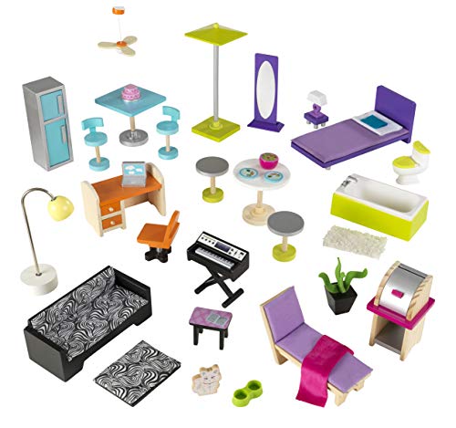 KidKraft Uptown Puppenhaus aus Holz mit Möbeln und Zubehör, Spielset mit Katze, Pool und Dachterrasse für 30 cm große Puppen, Spielzeug für Kinder ab 3 Jahre, 65833 – Bild 8