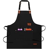 YAKOTAKI Chef Aprons for Women Men with Pockets(Functional and Large), Oil-Repellent & Water-Resistant Heavy-Duty Black Canvas with Adjustable Straps, Full-Coverage Protection for Cooking, Kitchen