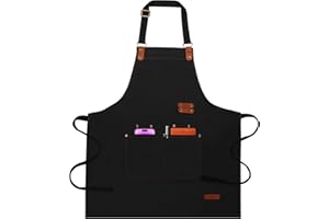 YAKOTAKI Chef Aprons for Women Men with Pockets(Functional and Large), Oil-Repellent & Water-Resistant Heavy-Duty Black Canvas with Adjustable Straps, Full-Coverage Protection for Cooking, Kitchen