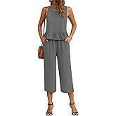 Anyhold Women's 2 Piece Outfits Sets Casual Sleeveless Ruffle Crop Tops Wide Leg 3/4 Pants with Pockets