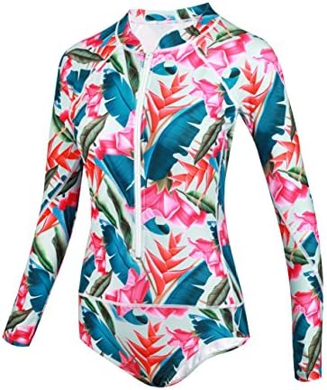 dilinte Long Sleeve One Piece Swimsuit Floral Print Zipper Sun Protection Swimsuit Rash Guard Bathing Suit
