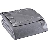OakRidge Satin Fleece Blanket, Full/Queen, Twin or King Size – 100% Polyester Lightweight Fabric and Cozy Satin Binding Edges in Tightly Folding Travel Blanket, Grey