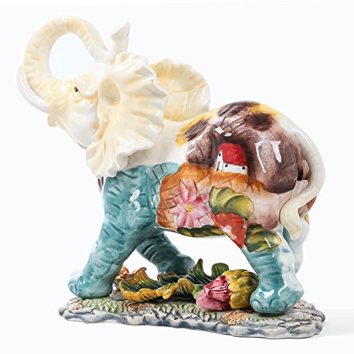 FORLONG FL6016 Ceramic Collectible Figurines Statue,3D Hand-Painted Elephant with Trunk Raised Statue Decoration(Small)