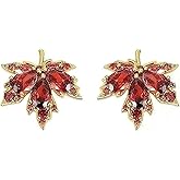 MALOYANVE Thanksgiving Maple Leaf Earrings Elegant Sparkly Crystal Glitter Red Rhinestone Stud Earrings Autumn Fall Jewelry for Women